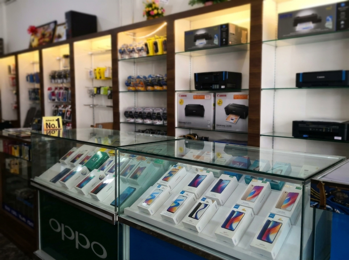 Rak produk di toko Flashindo Computer